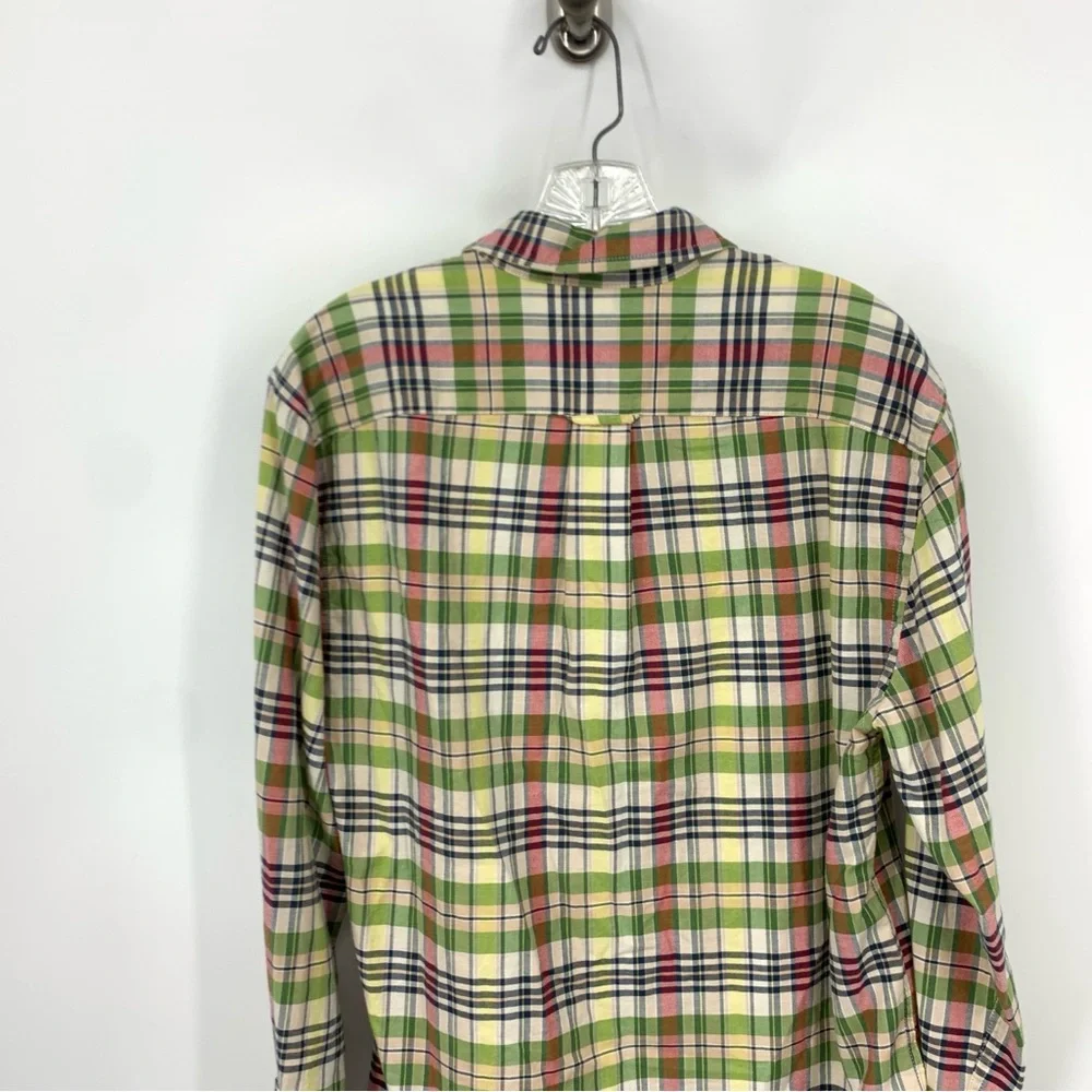 LL Bean Signature Men Size Small Shirt Button Down Top Green Yellow Plaid Cotton